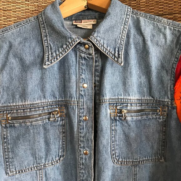 Upcycled Denim Jacket, Size M: Hand-Painted Aztec Patches, Colorful Sleeves - Picture 5 of 12